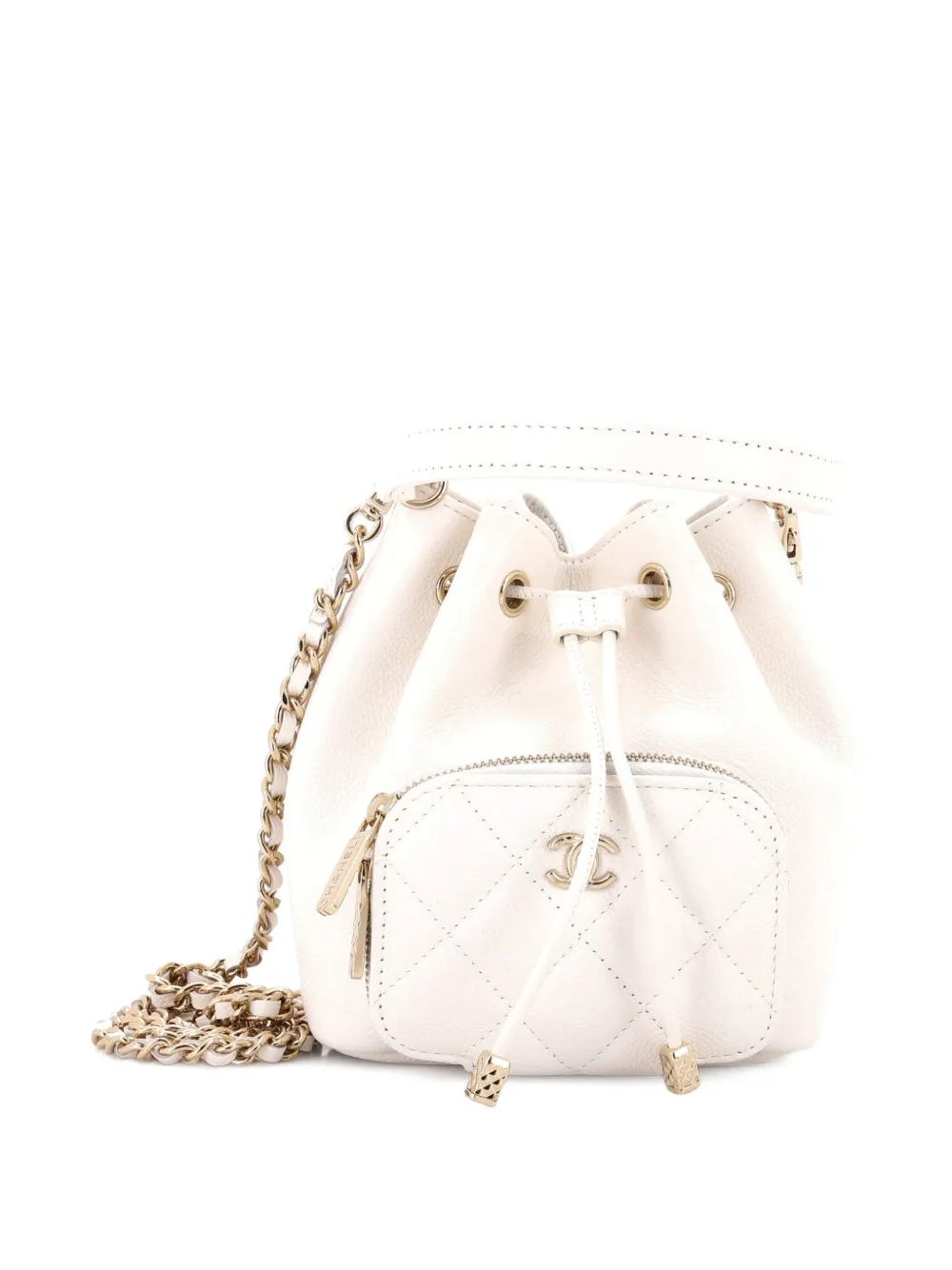 CHANEL Pre-Owned Business Affinity Top Handle Drawstring Quilted Caviar Mini bucket bag - White