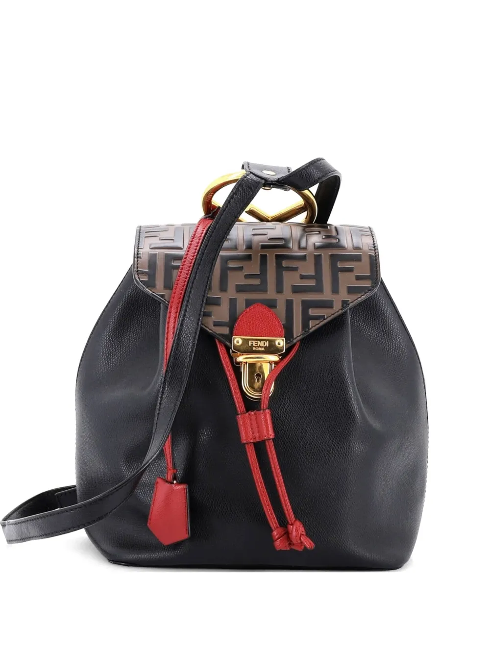 Fendi Pre-Owned Drawstring Flap Leather with Zucca Embossed Detail Small backpack - Nero