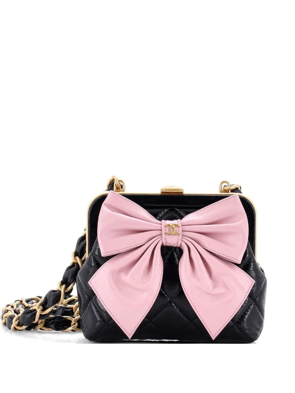 CHANEL Pre-Owned Bow Frame Clutch With Chain Quilted Patent with Lambskin Mini crossbody bag - Nero