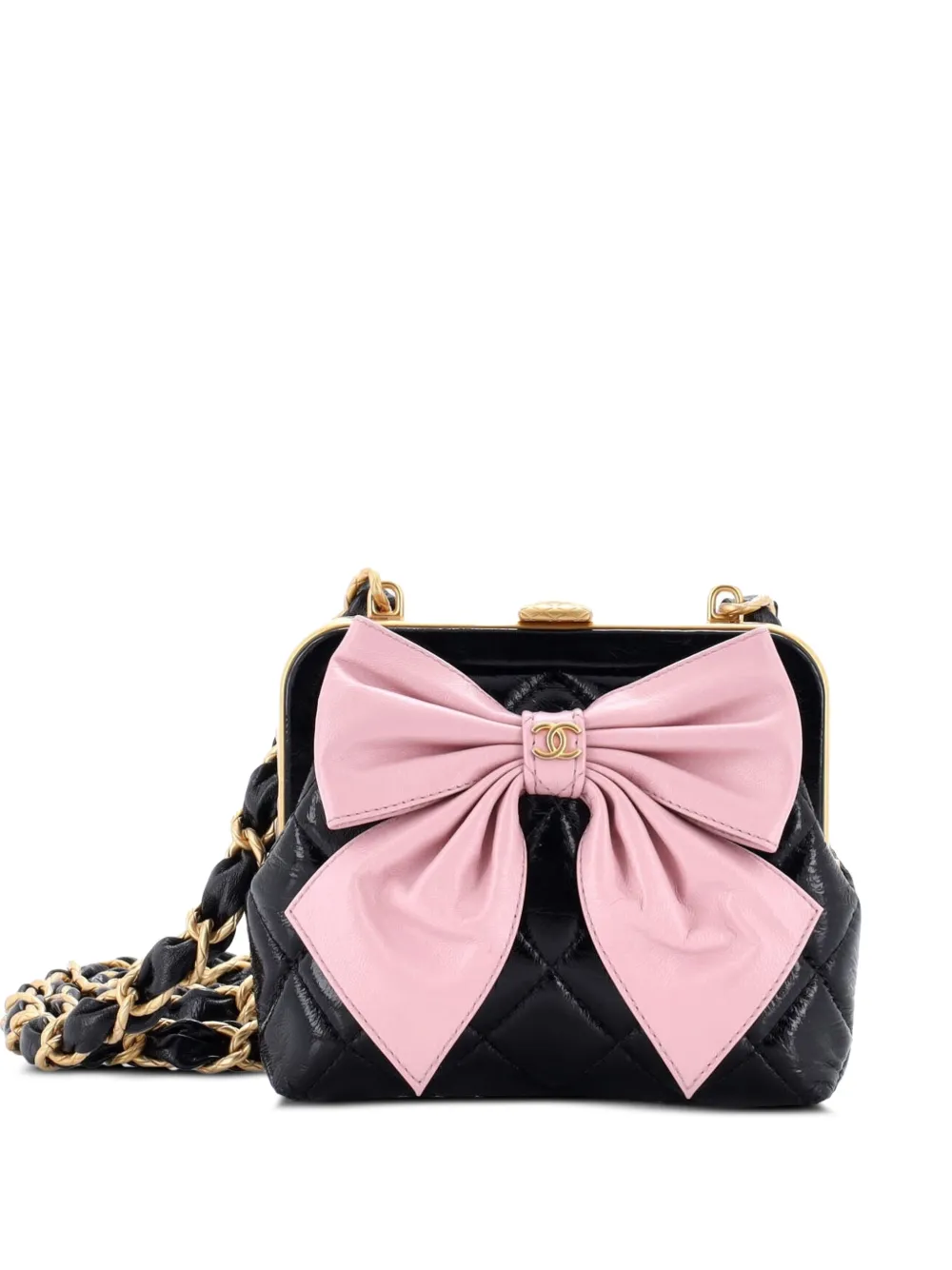 CHANEL Pre-Owned Bow Frame Clutch With Chain Quilted Patent with Lambskin Mini crossbody bag - Nero