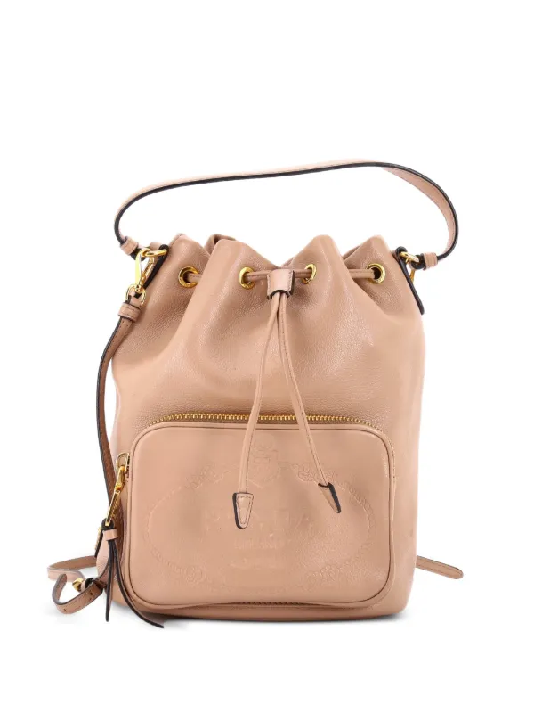 Prada Pre-owned Logo Drawstring Glace Calf Small Bucket Bag in Neutrals