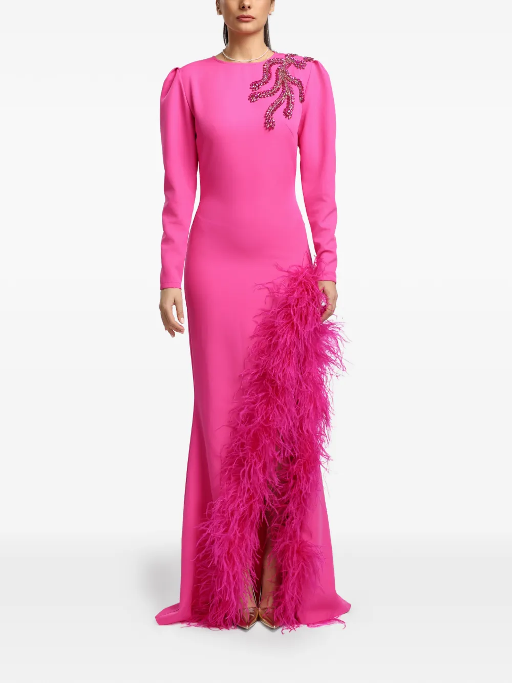 MIAU by Clara Rotescu crystal-embellished feather-trim dress - Rosa