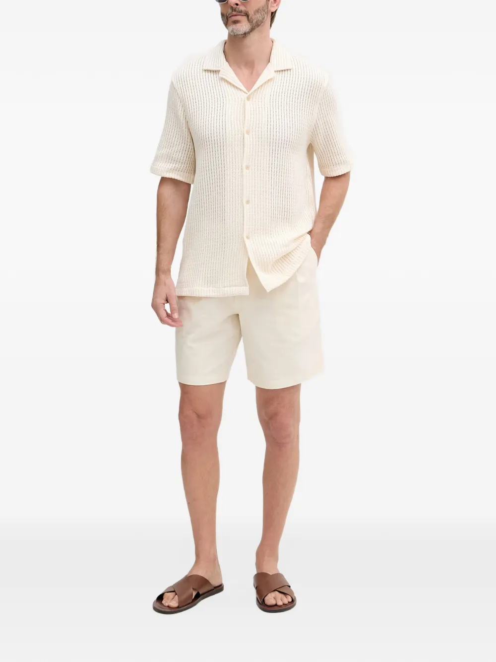 Joop! Kawan opengebreid overhemd met korte mouwen Beige