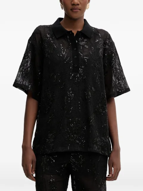 Isabelle Blanche sequin-embellished floral-lace polo shirt