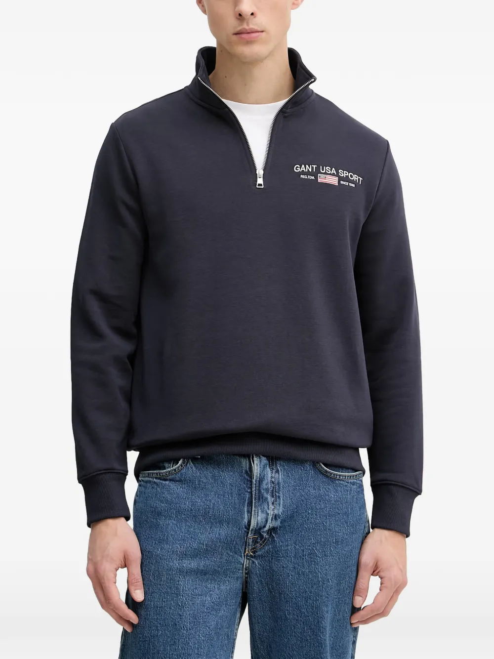 Gant logo-embroidered quarter-zip sweater - Blu