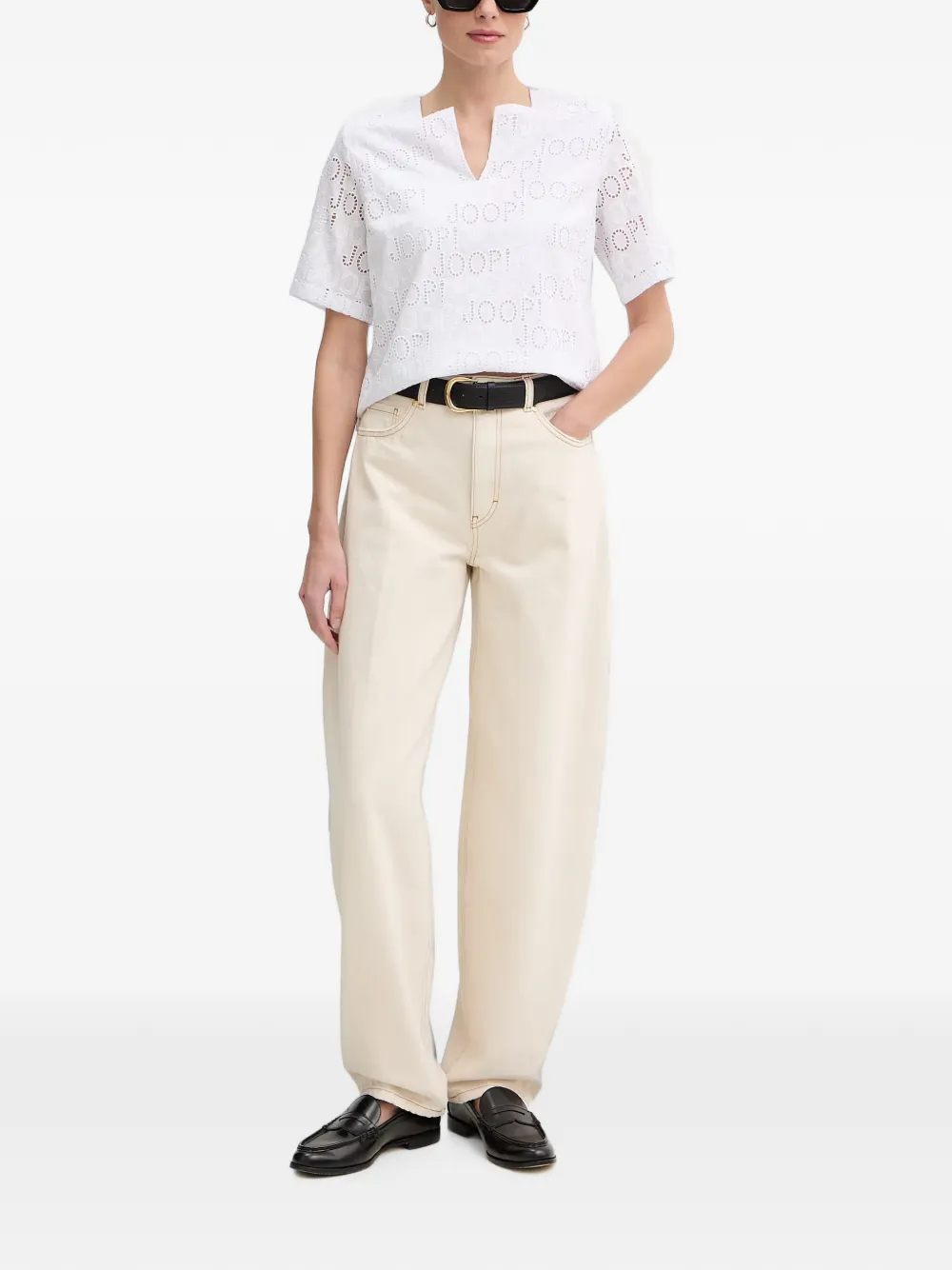 Joop! Beljana broderie anglaise top met logoprint Wit
