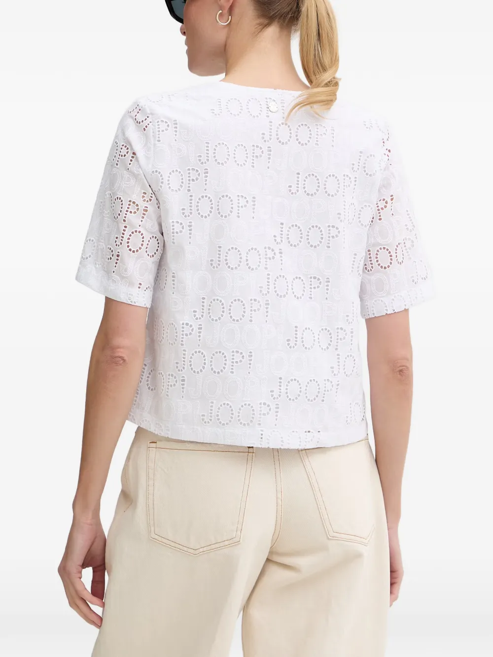 Joop! Beljana broderie anglaise top met logoprint Wit