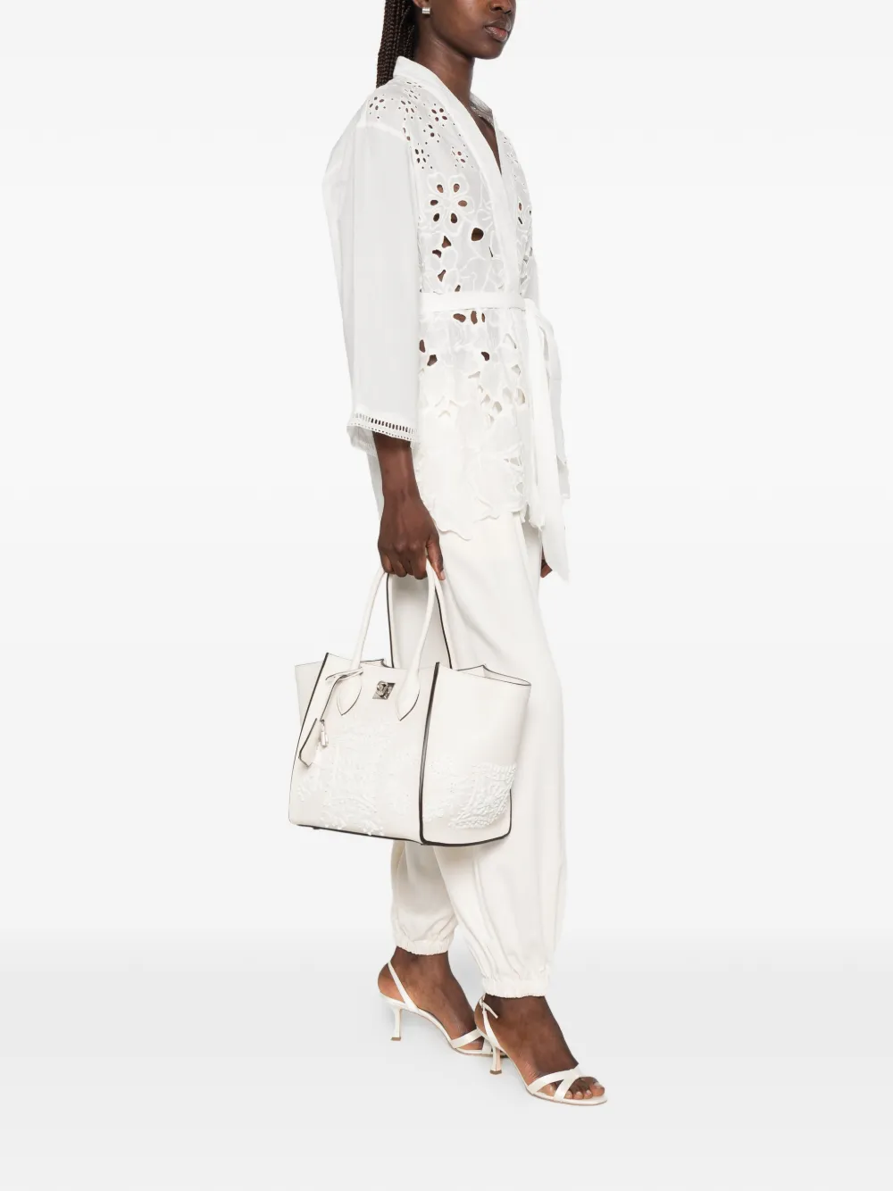 Ermanno Scervino Leren shopper met geborduurd kant Wit