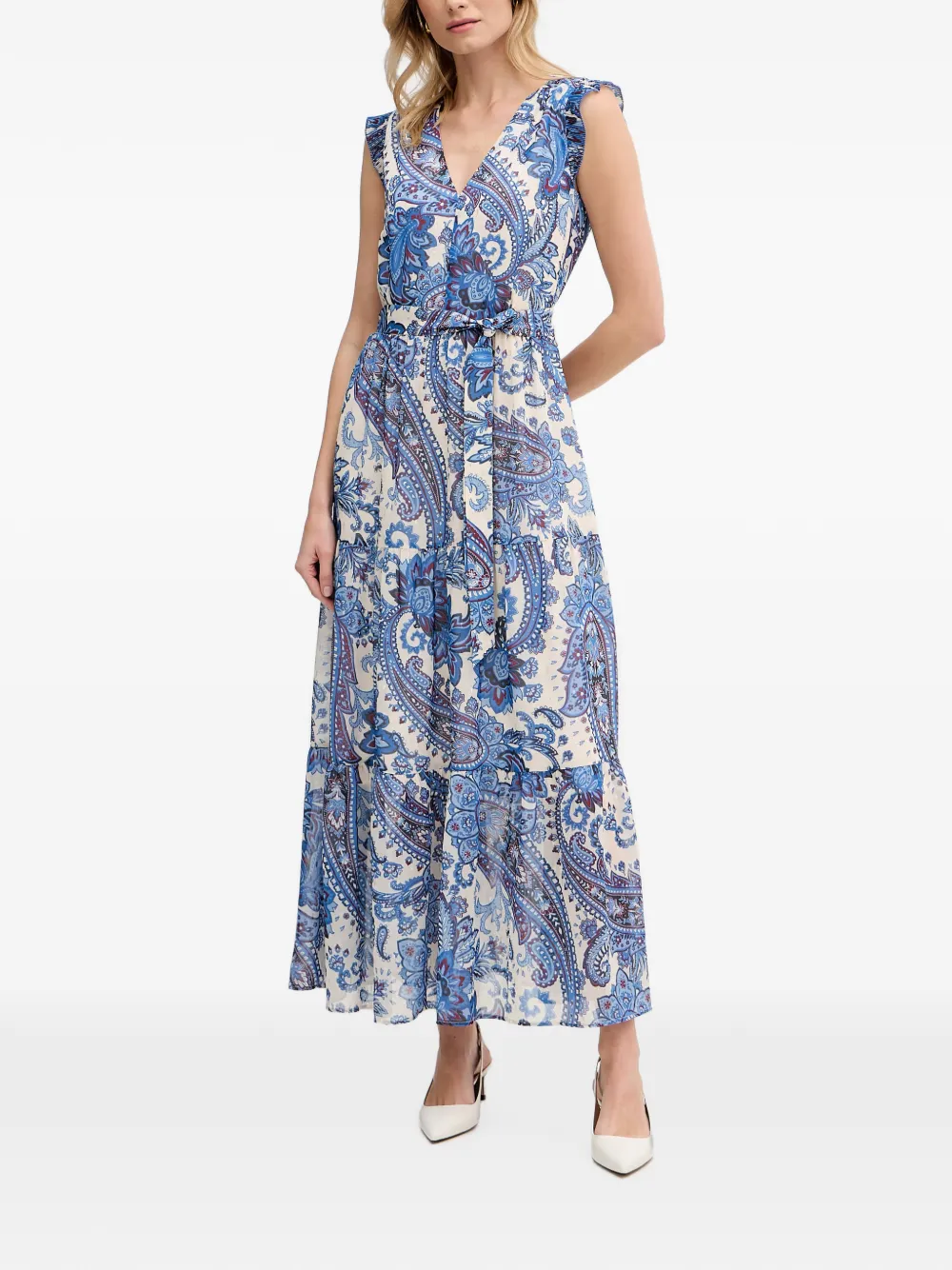 OUI Maxi-jurk met paisley-print en ruches Beige