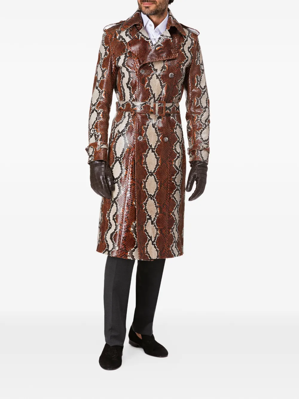 Billionaire Trenchcoat met dubbele rij knopen en slangenleer-effect - Bruin