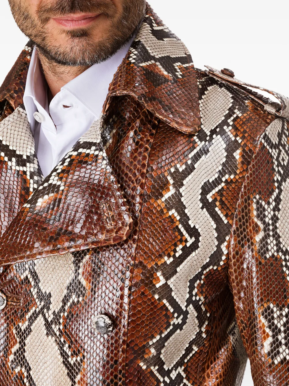 Billionaire Trenchcoat met dubbele rij knopen en slangenleer-effect Bruin