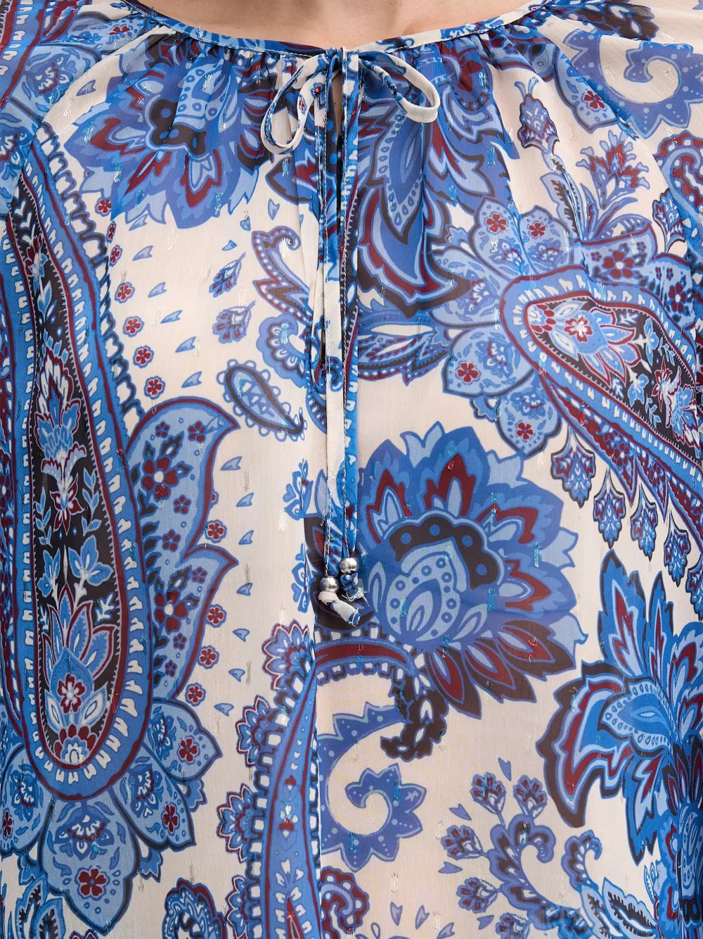 OUI Blouse met paisley-print en gestrikte hals Blauw