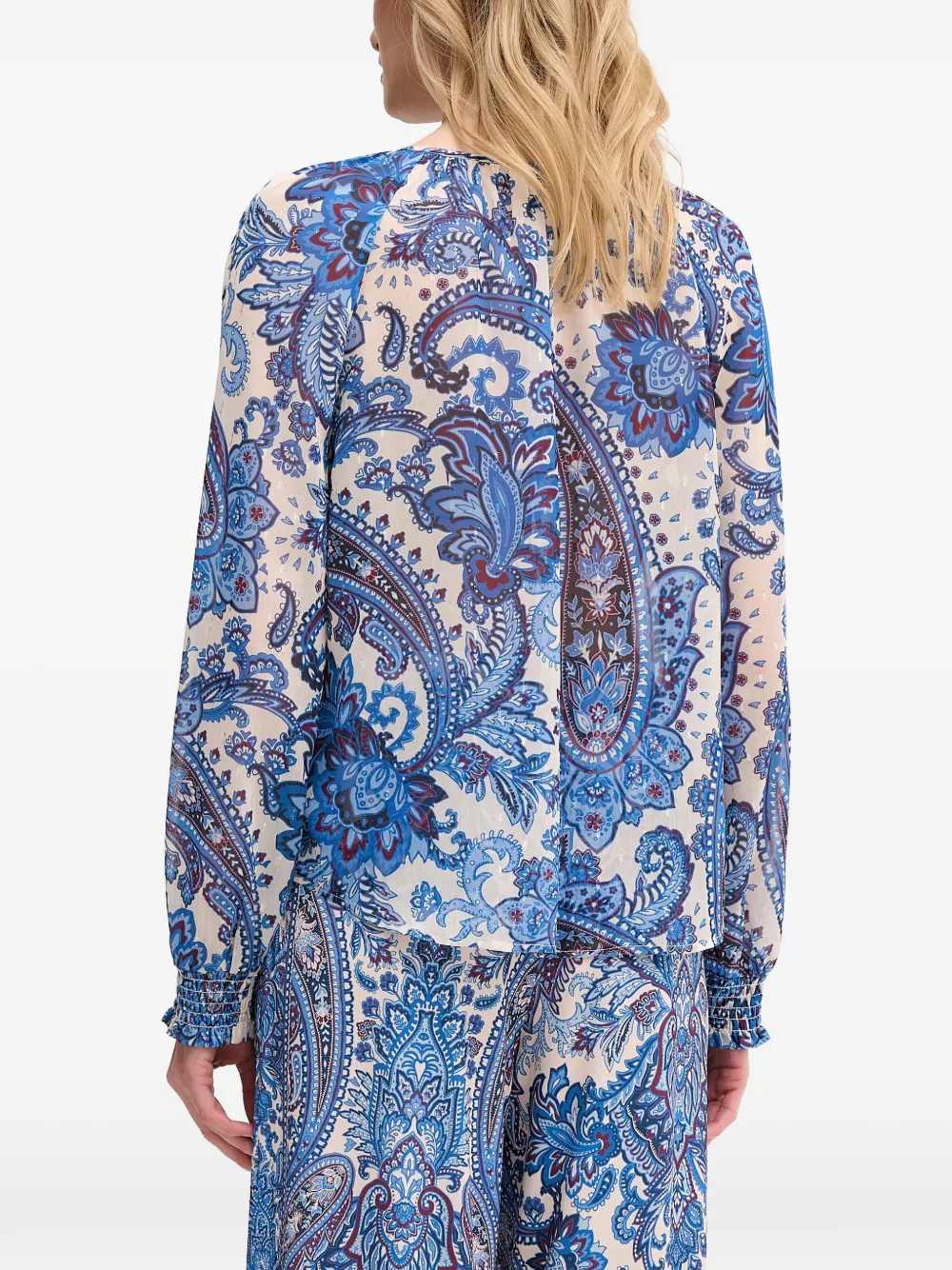 OUI Blouse met paisley-print en gestrikte hals Blauw