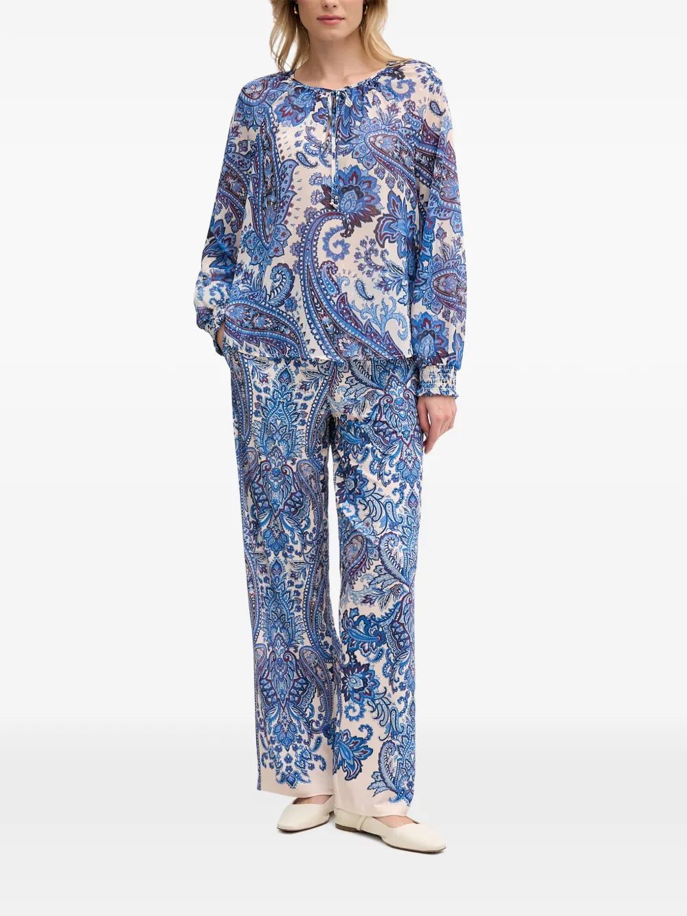 OUI Blouse met paisley-print en gestrikte hals Blauw