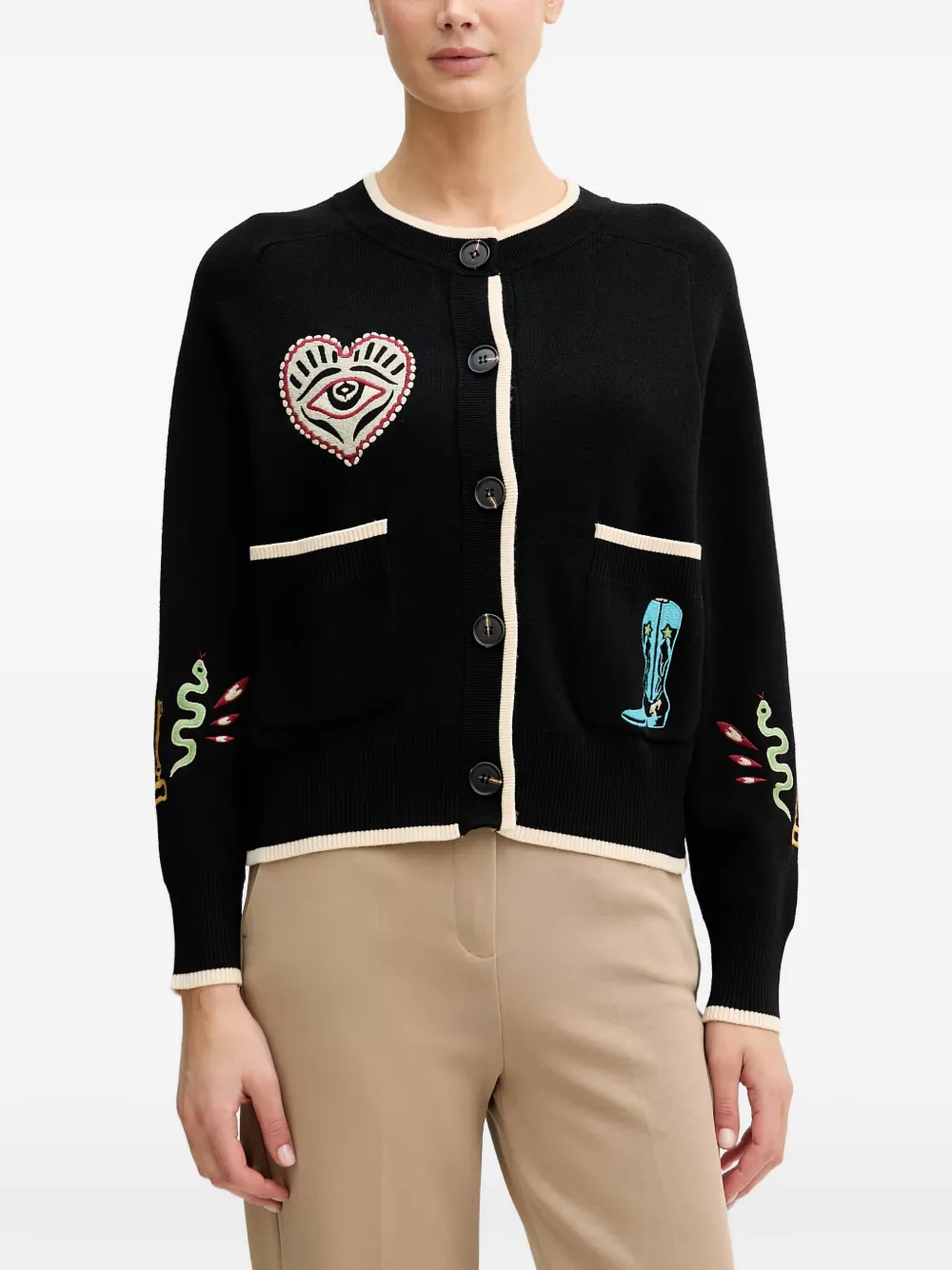 Never Fully Dressed Embroidered Contrast-trim Cardigan In 블랙
