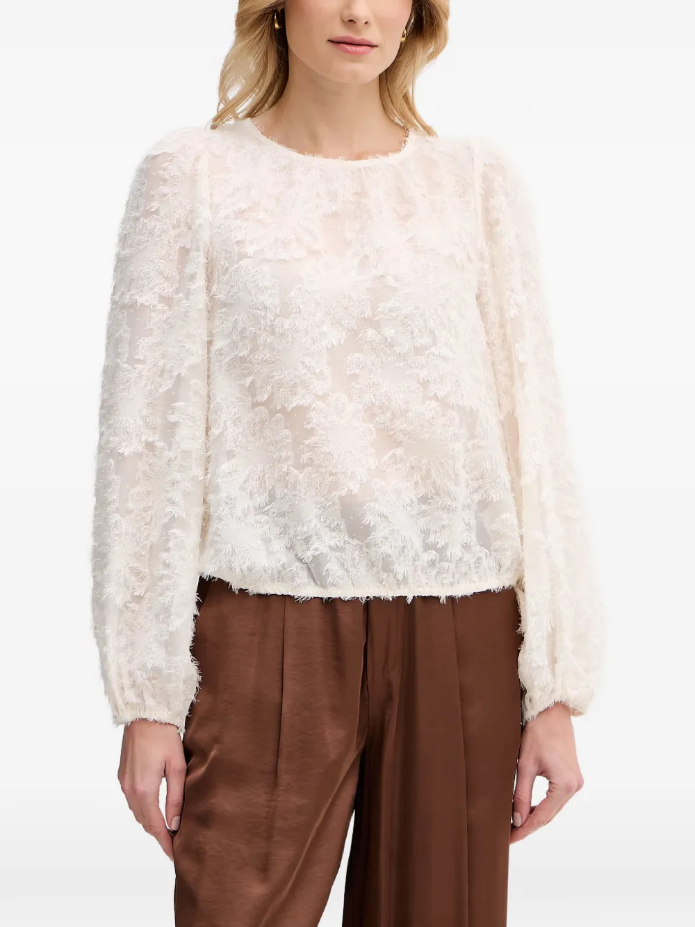 Ouí Fringed Puff-sleeve Blouse In ホワイト