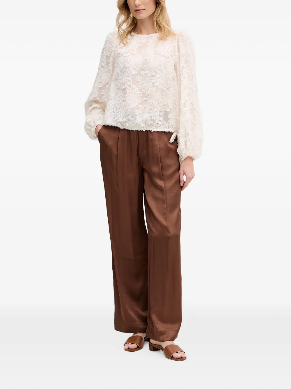 OUI Blouse met pofmouwen en franje Wit