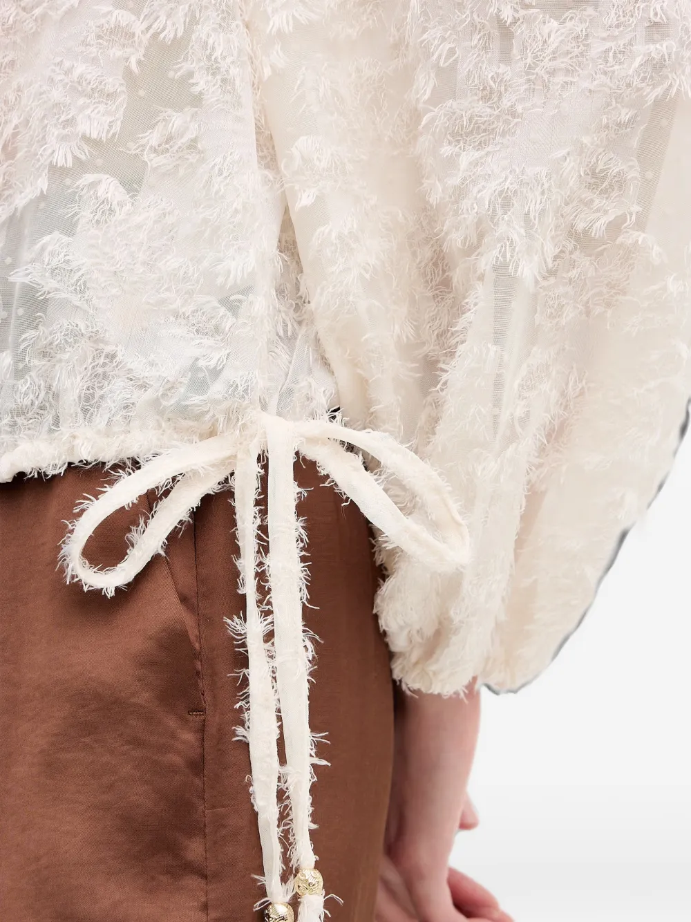 OUI Blouse met pofmouwen en franje Wit