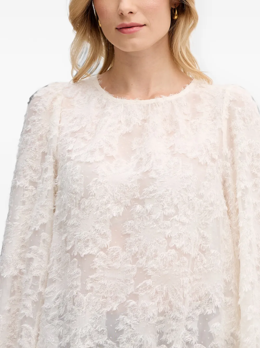 OUI Blouse met pofmouwen en franje Wit