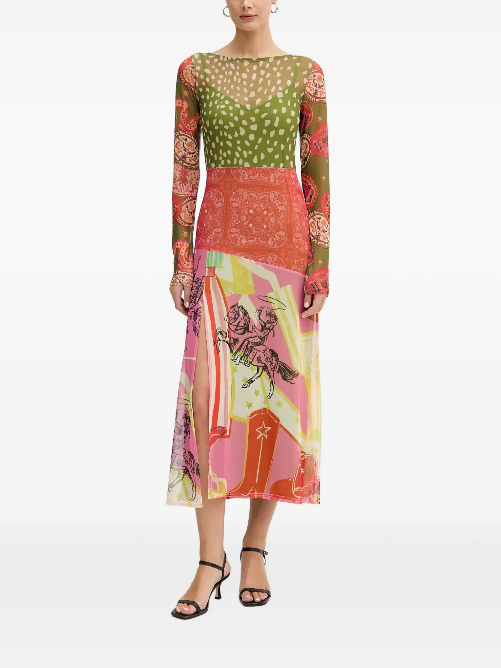 NEVER FULLY DRESSED mixed-print side-slit midi dress