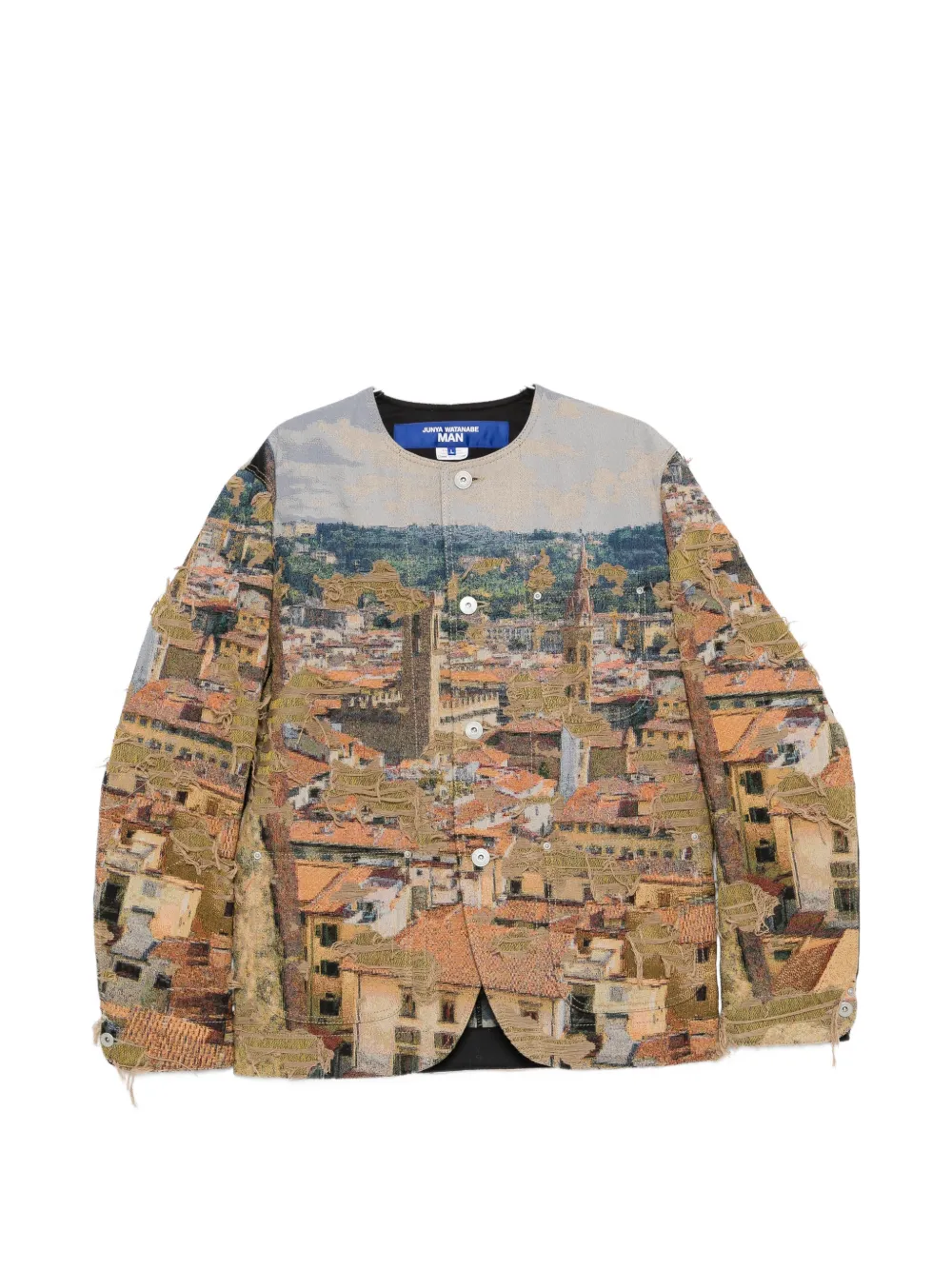 Junya Watanabe MAN tapestry-print frayed jacket - Marrone