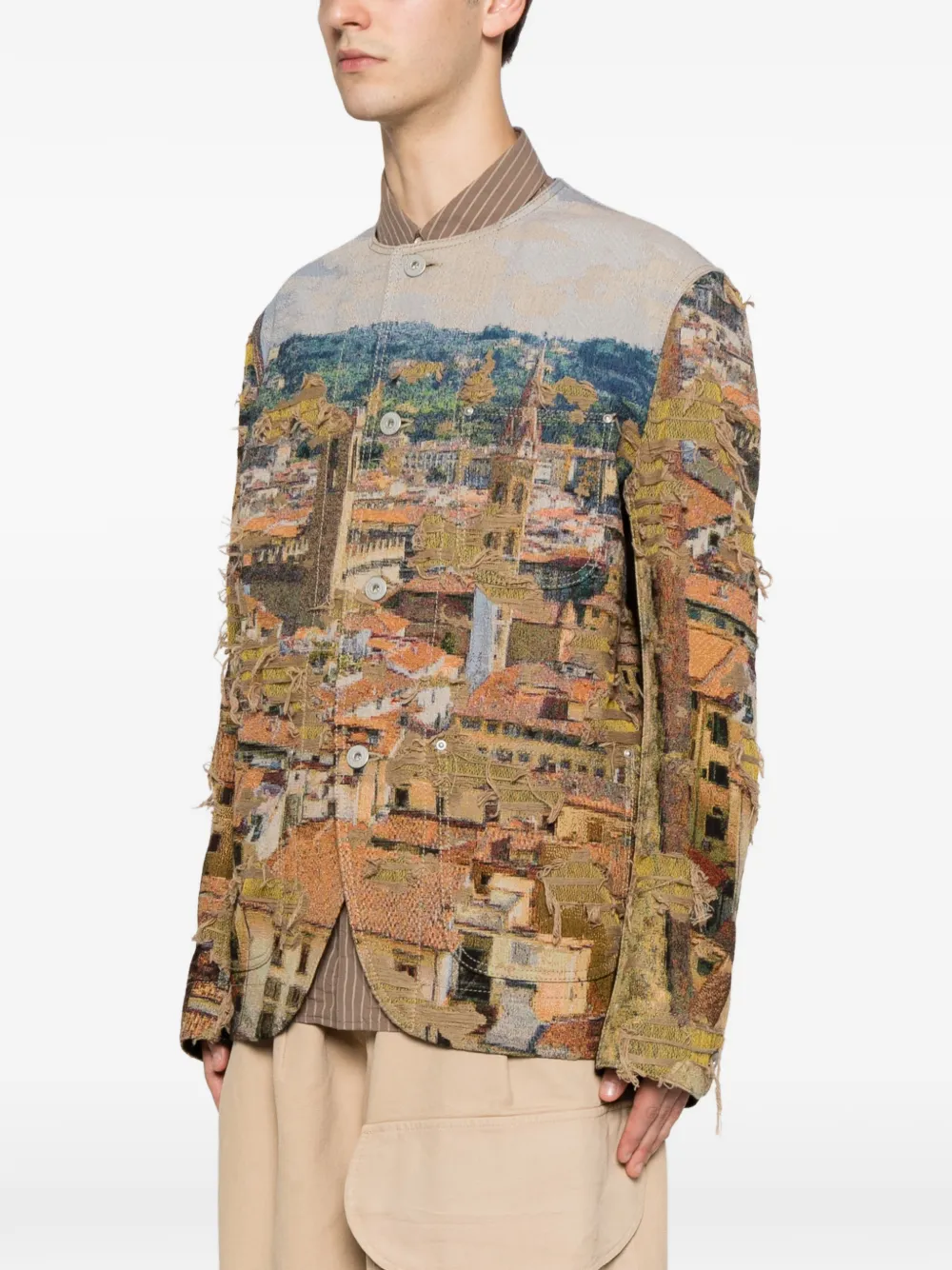 Junya Watanabe MAN Jack met franje en print Bruin