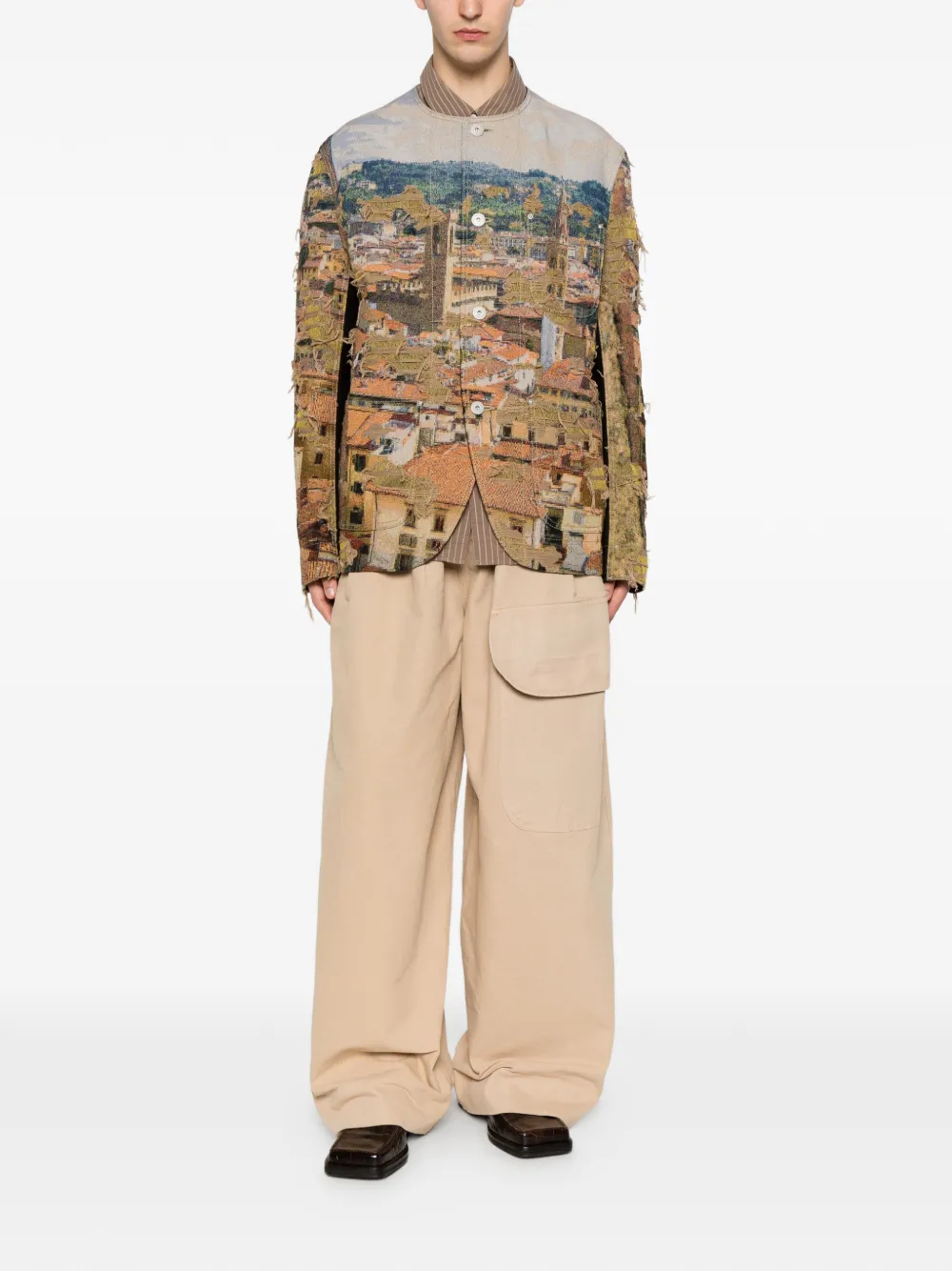 Junya Watanabe MAN Jack met franje en print Bruin