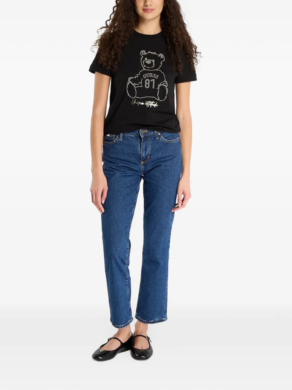 GUESS USA rhinestone-embellished bear-motif T-shirt Zwart