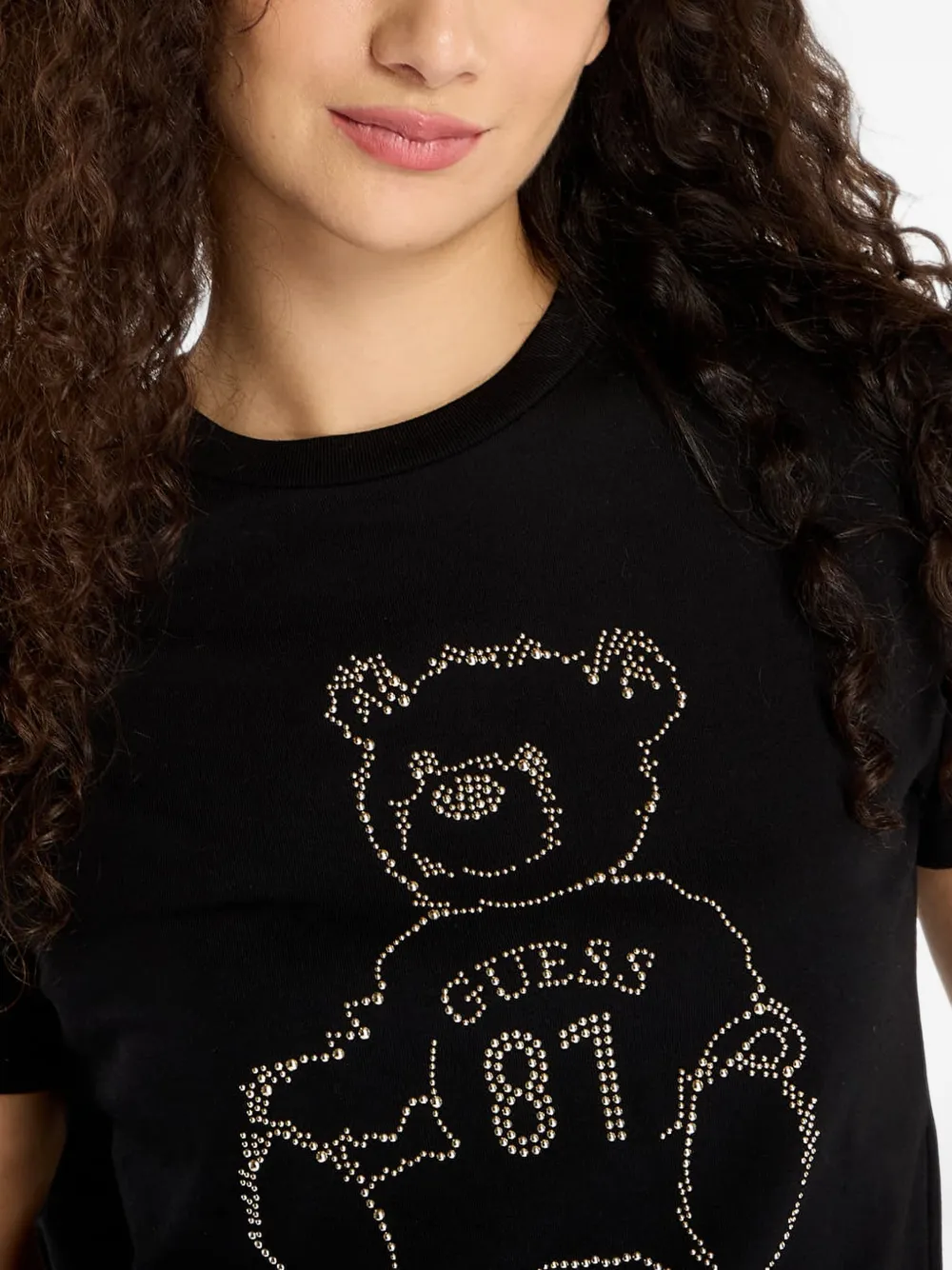 GUESS USA rhinestone-embellished bear-motif T-shirt Zwart