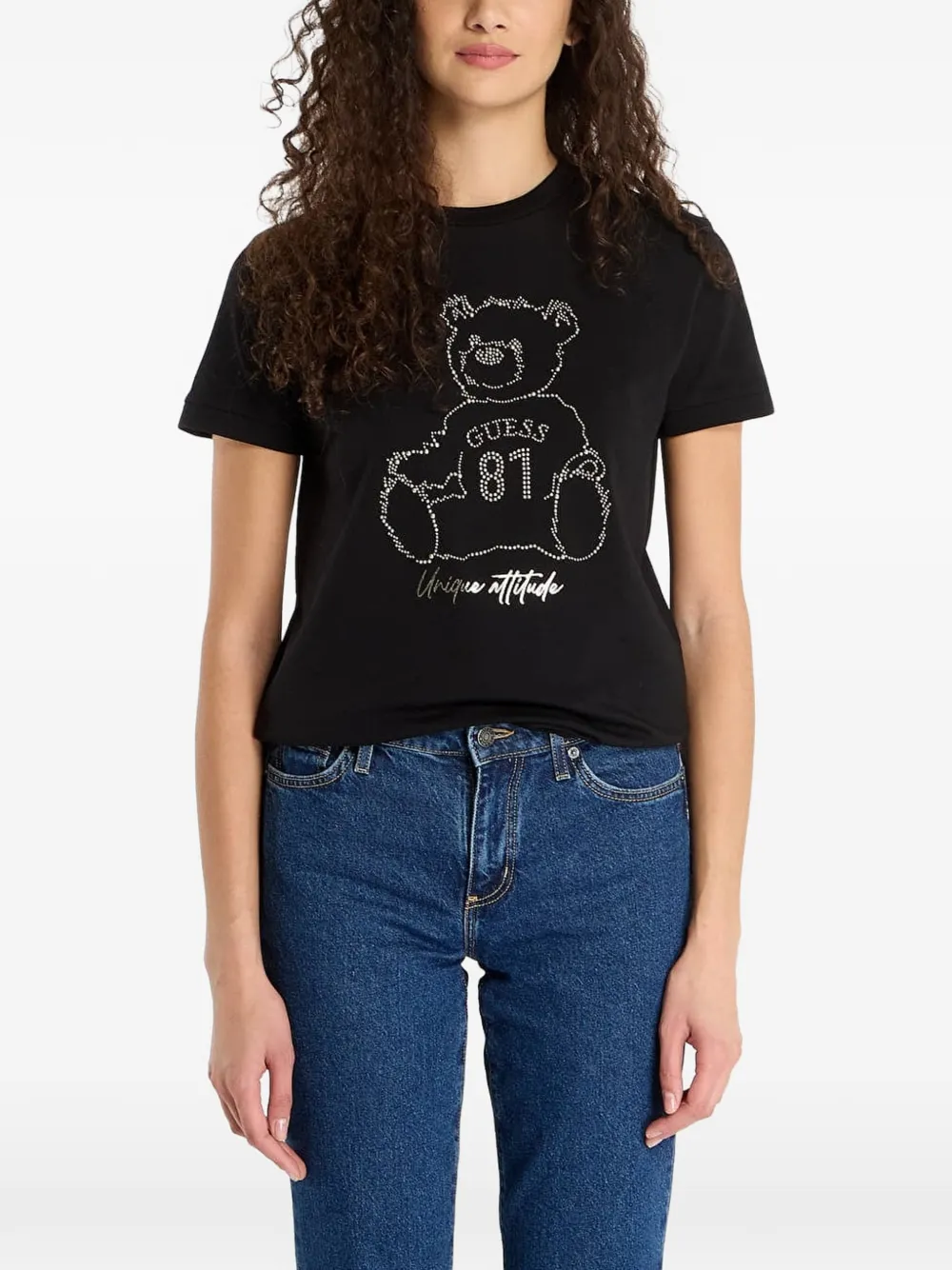 GUESS USA rhinestone-embellished bear-motif T-shirt Zwart