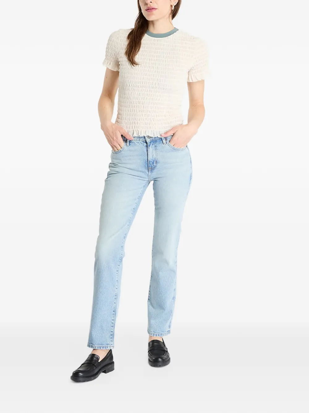 GUESS USA shirred-effect ruffled-hem T-shirt - Nude