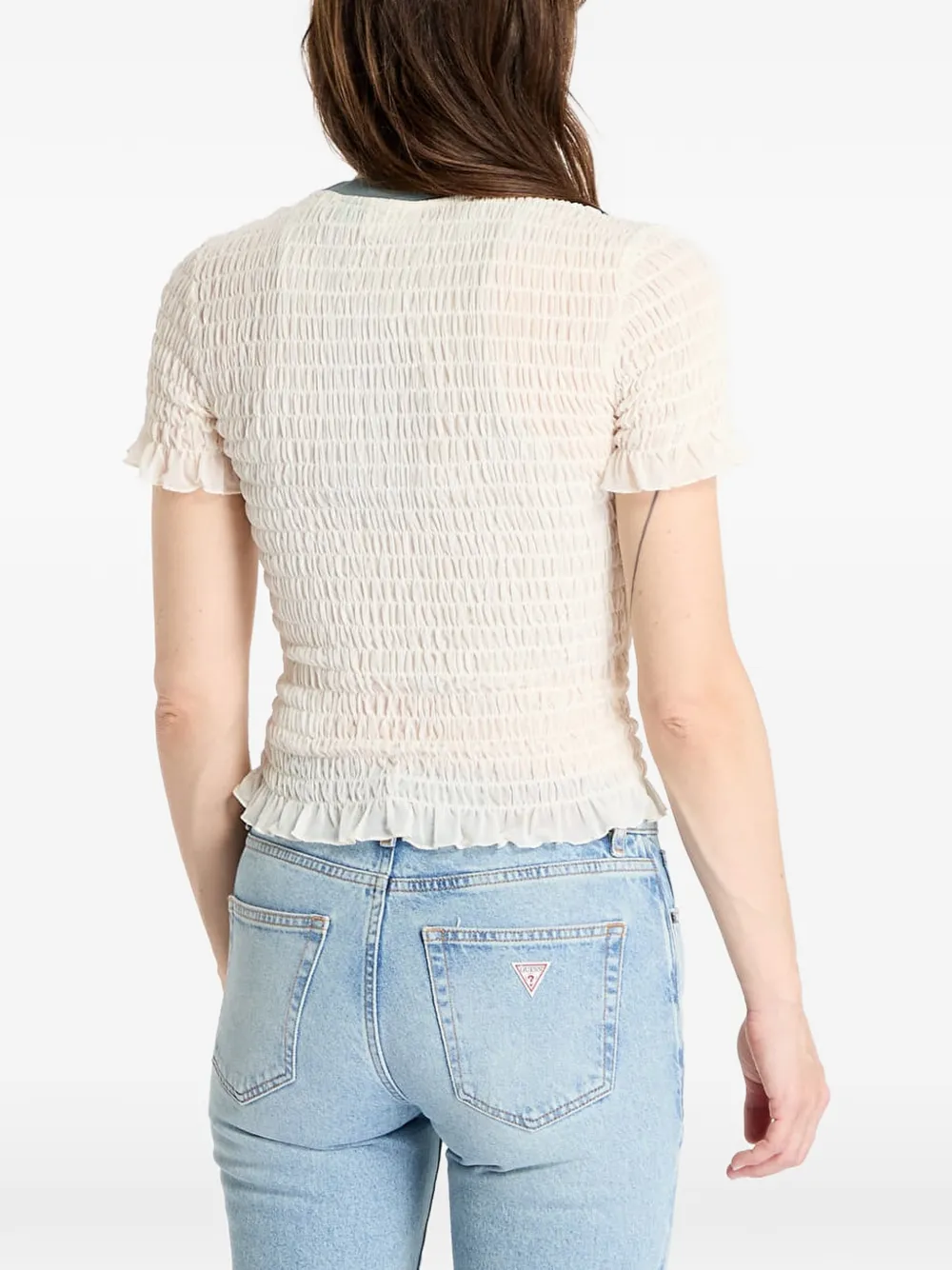 GUESS USA shirred-effect ruffled-hem T-shirt Beige