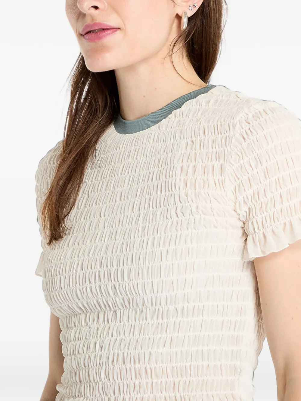 GUESS USA shirred-effect ruffled-hem T-shirt Beige