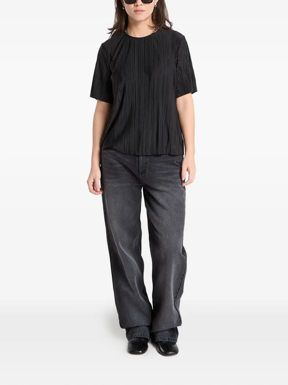 Samsoe & Samsoe Sauma Plissé-effect T-shirt In Black