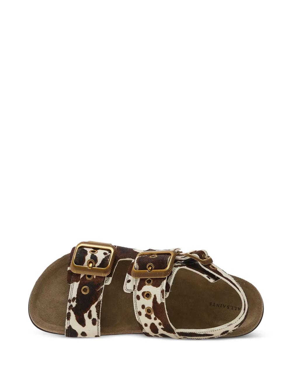 AllSaints Staffa cow-print buckle-strap sandals Beige