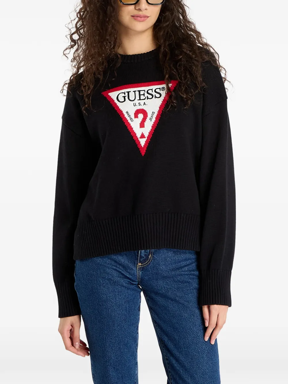 Guess Usa Intarsia-knit Logo Sweater In Black