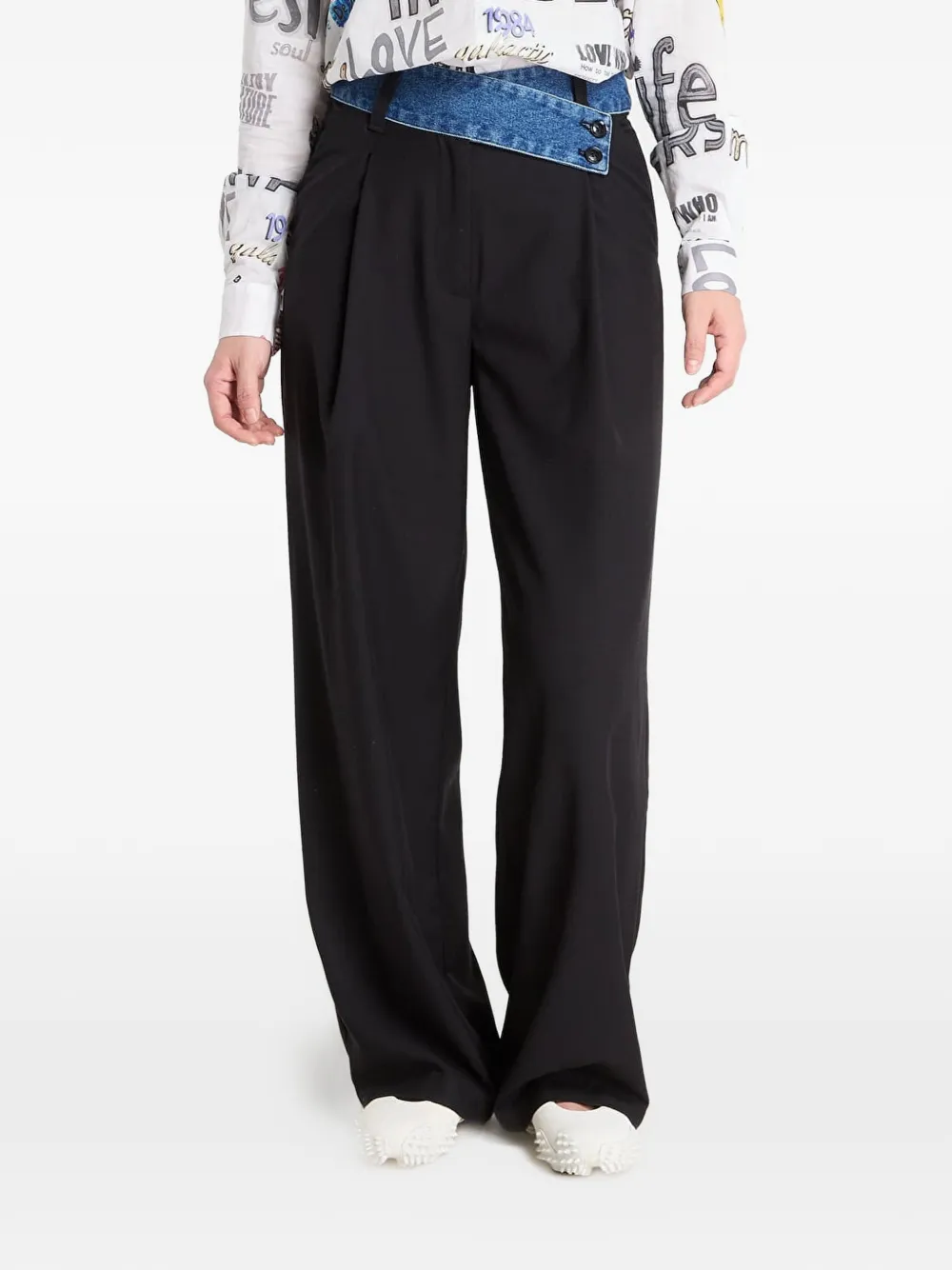 Desigual denim-waistband pleated trousers - Nero