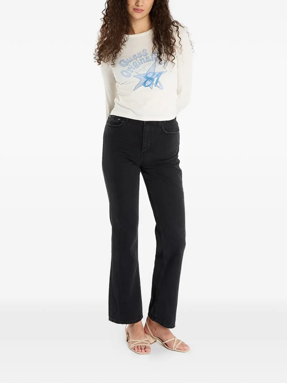 GUESS USA T-shirt met print en kanten afwerking Beige