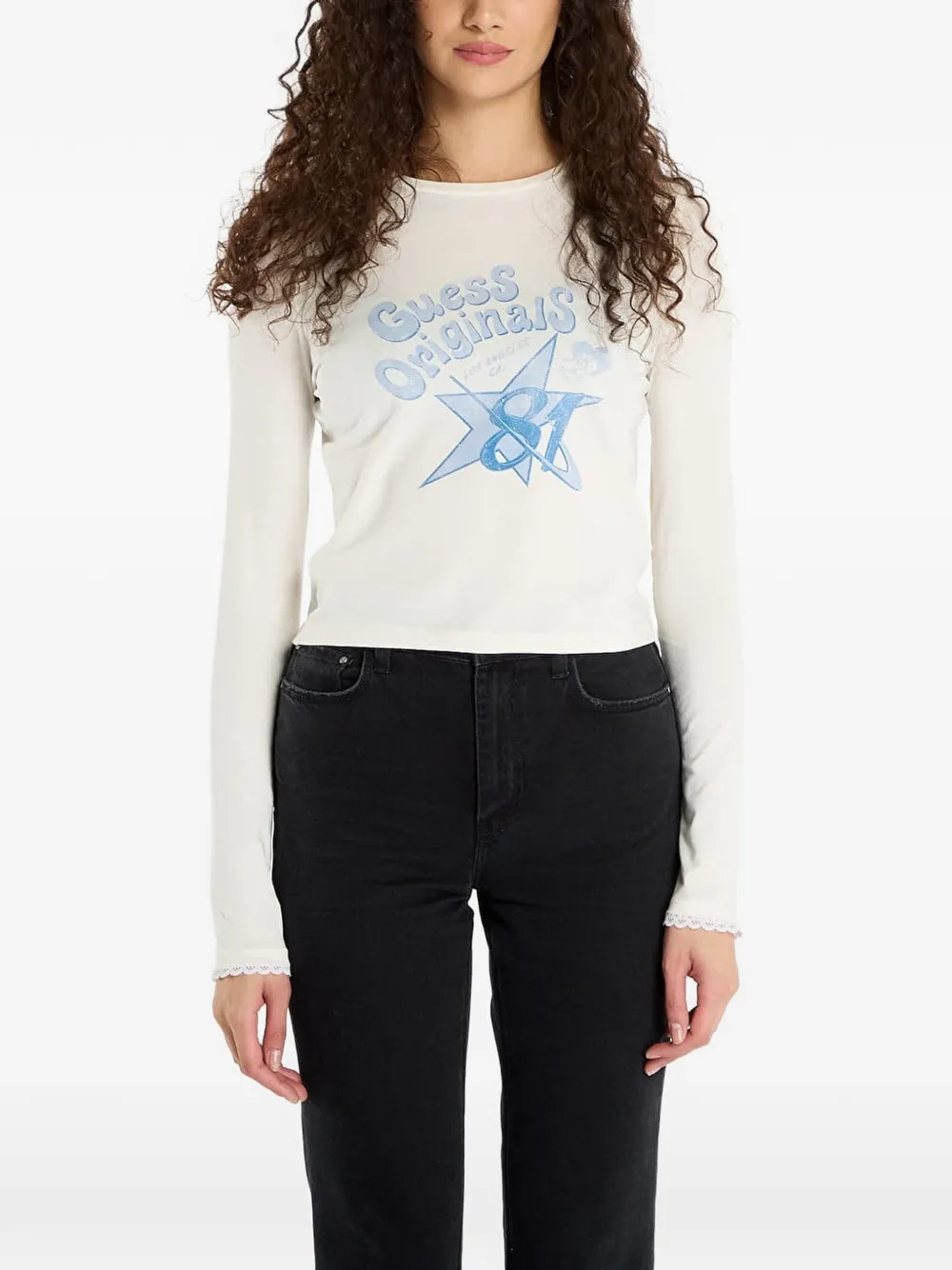 Guess Usa Graphic-print Lace-trim T-shirt In White