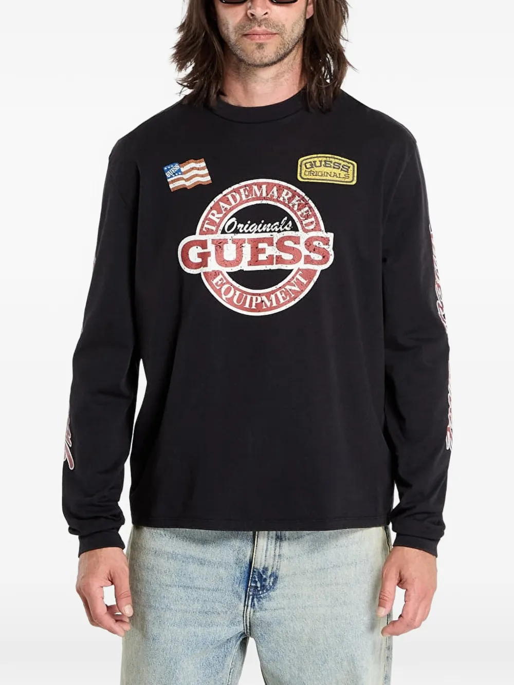 Guess Usa Graphic-print Long-sleeve T-shirt In Black