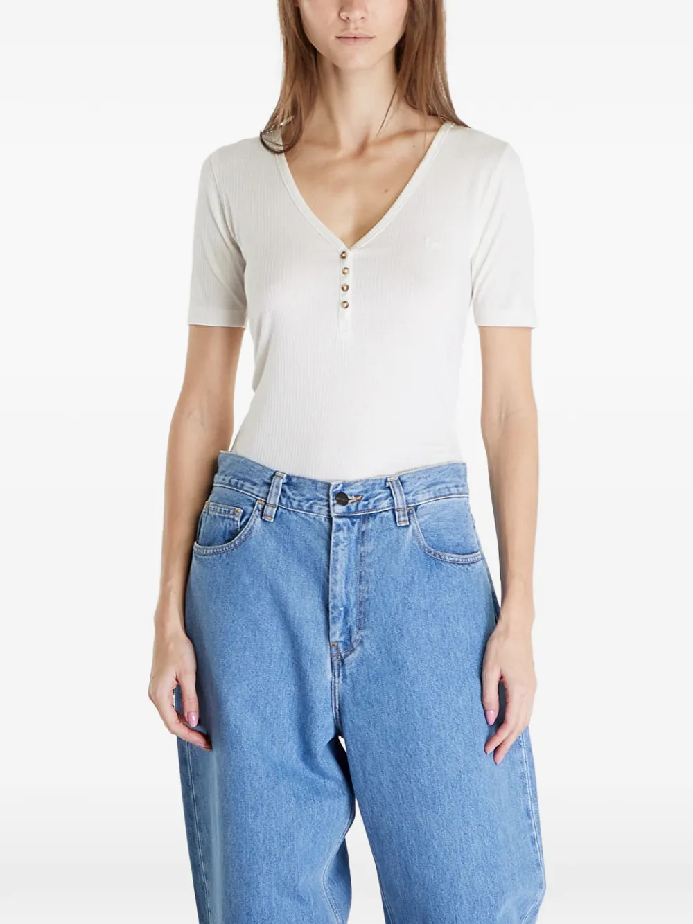 LEE T-shirt a coste con scollo a V - Bianco