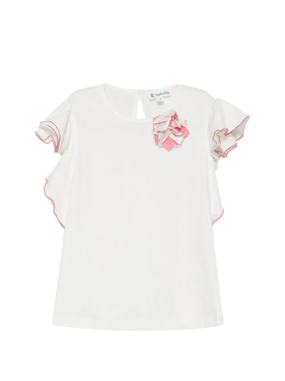 LALALU floral-appliqué ruffled T-shirt - Bianco
