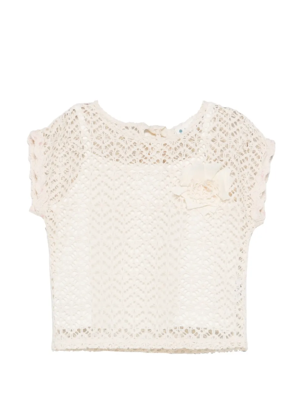 LALALU crochet-knit flower-detail T-shirt - Toni neutri