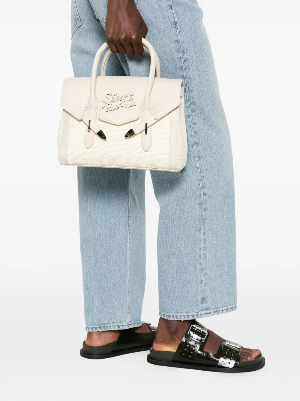Secret Pon Yalis kleine geweven shopper met logoplakkaat Beige