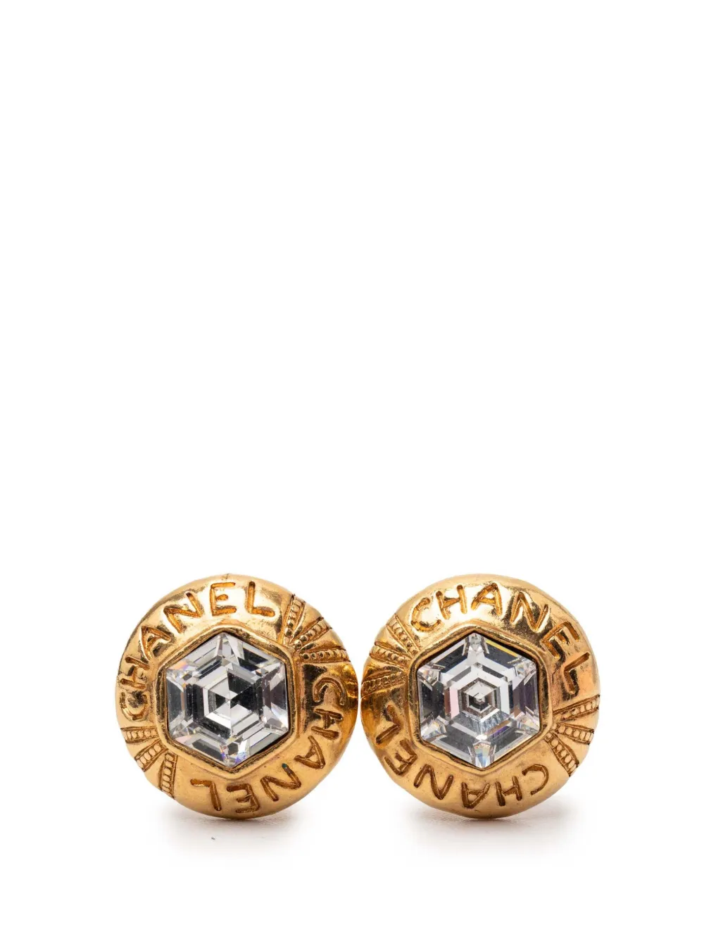 CHANEL Pre-Owned 1970-1980 Gold Plated Crystal Logo Hexagonal Clip On Earrings costume earrings - Oro