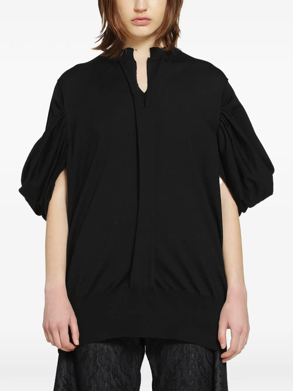 Junya Watanabe gathered-sleeves V-neck sweater - Nero