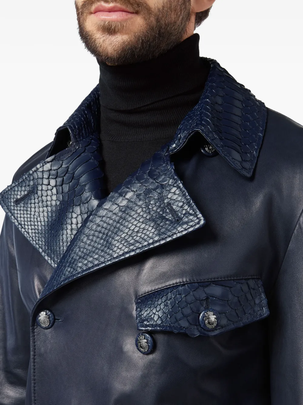 Billionaire Leren jack met dubbele rij knopen en pythonprint Blauw