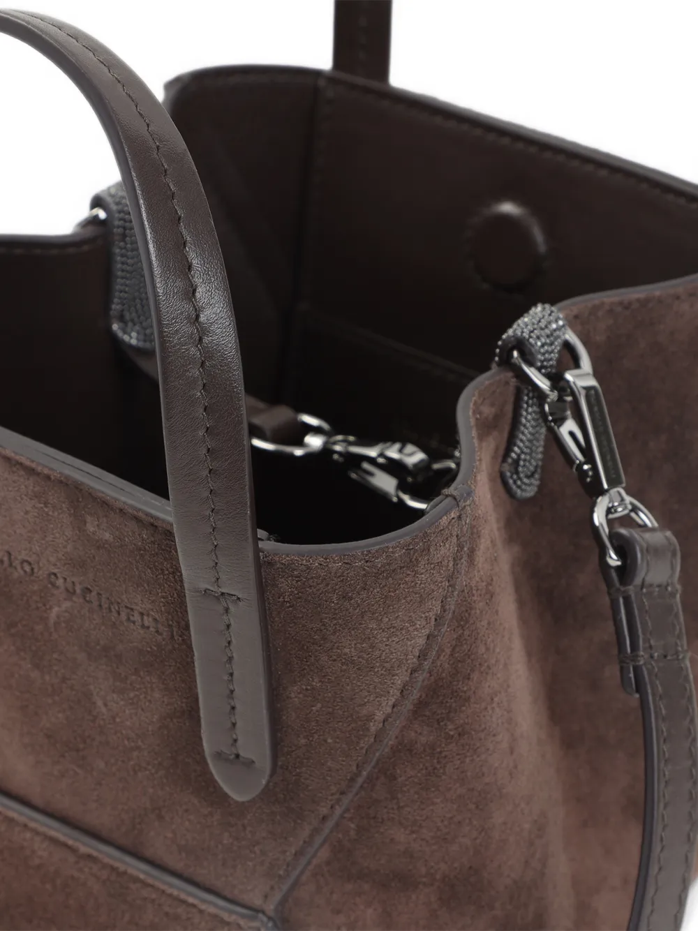 Brunello Cucinelli Mini Suede Panelled Tote Bag in Brown, view 3