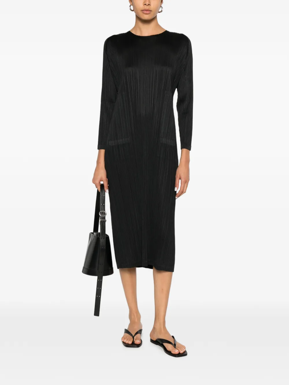 Pleats Please Issey Miyake Midi-jurk met plissé-effect en lange mouwen Zwart