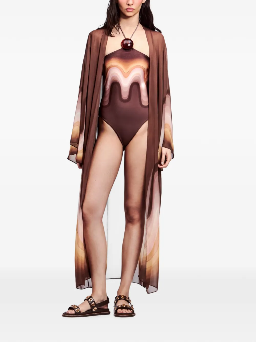YUKIO wavy-print swimsuit - Marrone